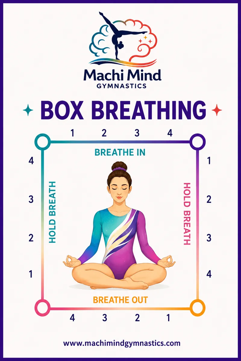 Box Breathing poster showing a gymnast meditating inside a four-step breathing square