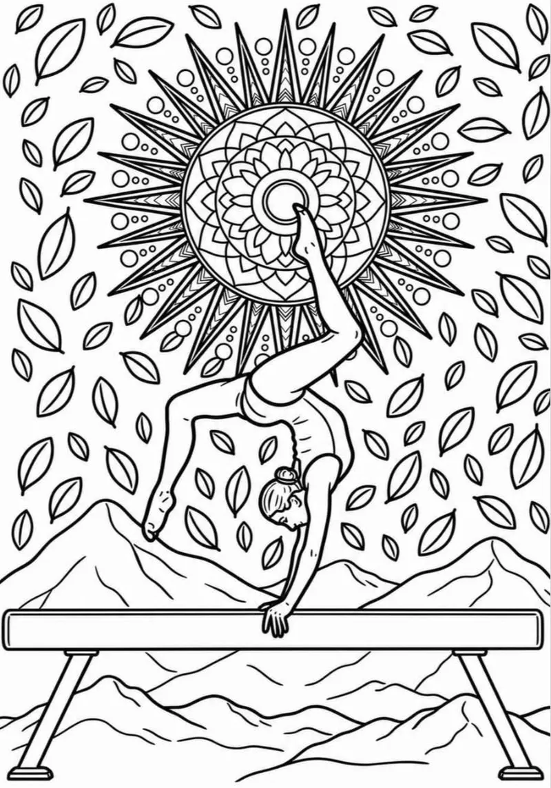Colouring page of a gymnast doing a handstand on the beam beneath a mandala sun