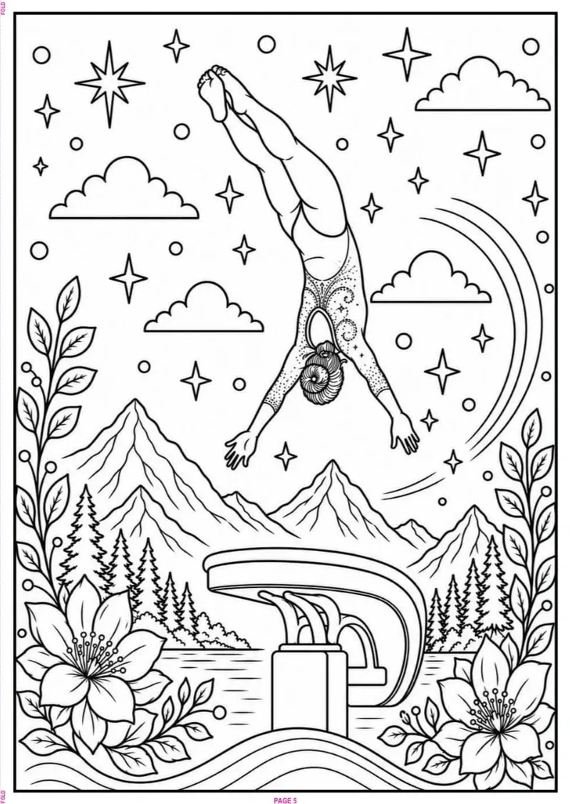 Colouring page of a gymnast leaping among stars and clouds above a mountain lake