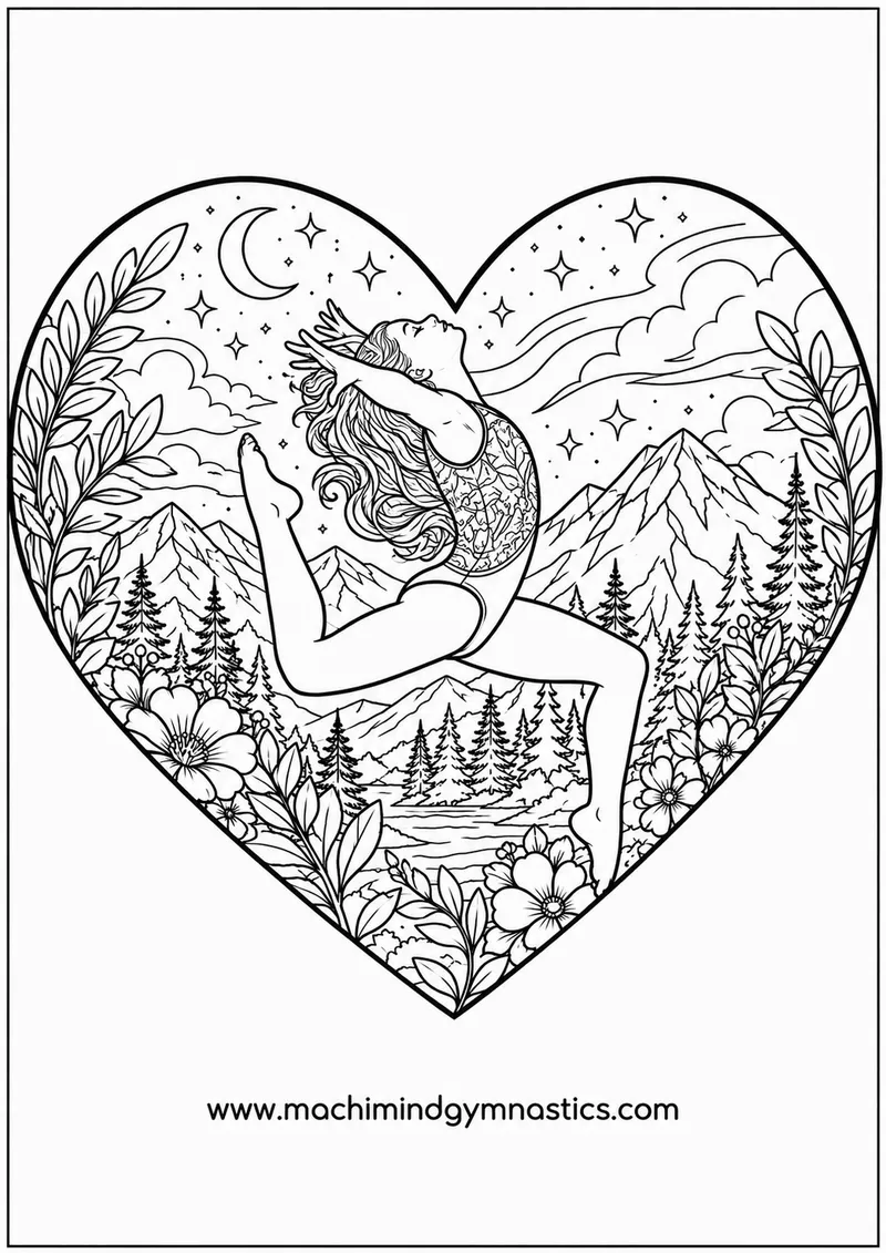 Colouring page of a gymnast inside a heart filled with mountains, flowers and a night sky